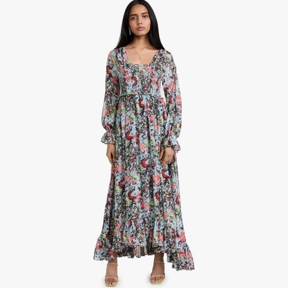 Cinq A Sept Dress Womens 8 Leigh Maxi Floral Smocked Chiffon Long Sleeve Prairie - Picture 1 of 16